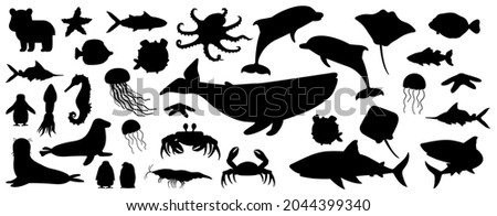 Big set of black white silhouette isolated sea ocean north animals. Doodle vector whale, dolphin, shark, stingray, jellyfish, fish, stars, crab, king Penguin chick, octopus, fur seal, polar bear cub Stock photo © 