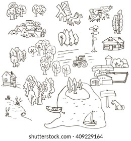 Big set of black and white sketches in cartoon style. Nature, landscape, landscape. Small drawings on the theme of rural life and leisure.