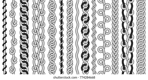Big set of black and white vector rope seamless borders with loops and knots