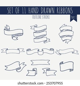 Big set of blank cute blue outline stroke ribbon banners on light background. Hand drawn vector illustration of decorative elements for your design. Part 3.