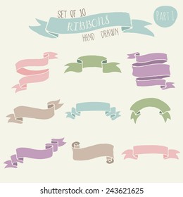 Big set of blank cute ribbon banners in nude pastel colors. Hand drawn vector illustration of decorative elements for your design. Part 1.
