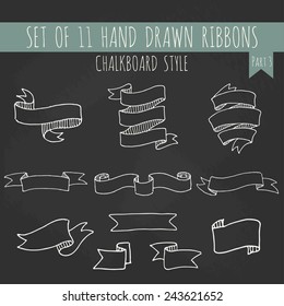 Big set of blank cute white outline ribbon banners in chalkboard style. Hand drawn vector illustration of decorative elements for your design. Part 3.