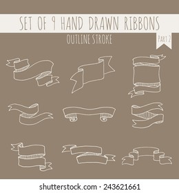 Gran conjunto de banderas blancas de cinta de trazo en blanco sobre fondo artesanal. Dibujo manual vectorial de elementos decorativos para su diseño. Parte 2.