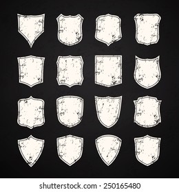 Big set of blank, grunge, classic shields, templates. Design elements. Vector illustration