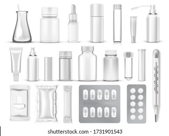 Big Set Of Blank Medical Packaging. Pills, Tubes, Containers And Bottles. EPS10 Vector