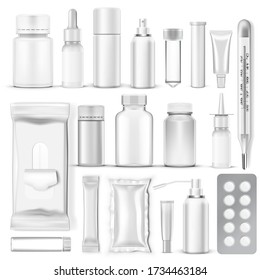 Big Set Of Blank Medical Packaging. Pills, Tubes, Containers And Bottles. EPS10 Vector