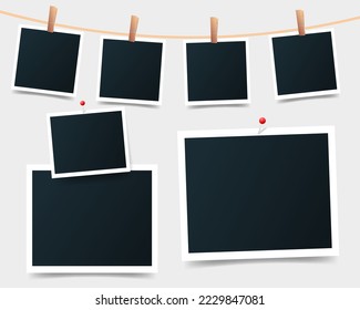 Big set of blank set photo picture frames on gray background. Retro snapshots, instant photos mockup hanging on a thread or attached with buttons. Realistic template with shadow. Vector illustration