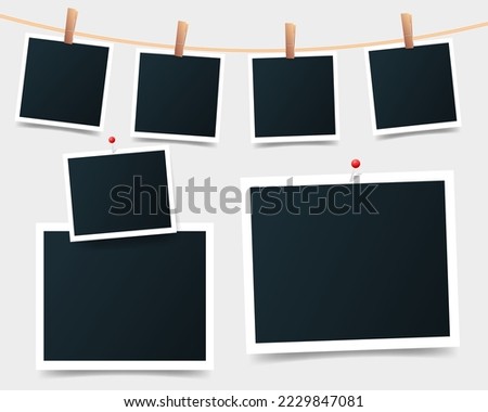 Big set of blank set photo picture frames on gray background. Retro snapshots, instant photos mockup hanging on a thread or attached with buttons. Realistic template with shadow. Vector illustration Foto stock © 