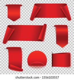 Big set blank scroll paper banners. red paper ribbons on transparent background. realistic labels. isolated vector illustration