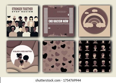 Big set  BLM, Black Lives Matter. End rscism now vector Illustration set. African Americans  against racism,  protest  posters  and seamless pattern about Human Right of Black People in US