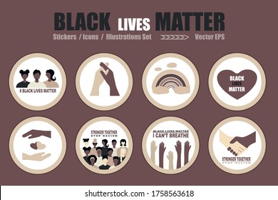 Big set BLM, Black Lives Matter stickers, icons vector Illustration set. African Americans  against racism, protest stickers and posters about Human Right of Black People in US