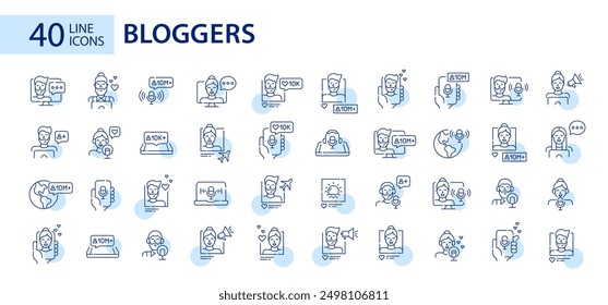 Big set of blogging and podcast icons. Like, share, repost. Pixel perfect, editable stroke line design