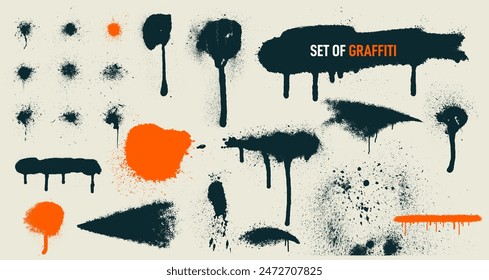 Big set of blots. Spots of paint on a white background. Grunge frame of paint. Graffiti spray banner. Vector spray paint shapes with smudges. Vector illustration.