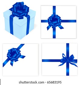 Big Set Of Blue Bows And Gift Box. Vector Illustration.