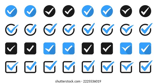 Big set of blue check or tick icons for design