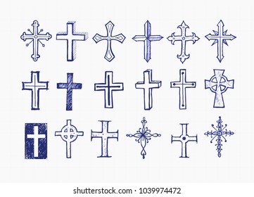 Big set of blue doodle pen sketch crosses on lined paper background.