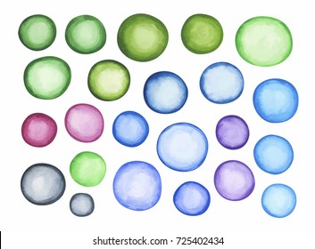 Big set of blue gray green brown watercolor labels and shapes on white background. Hand drawn painted stains set.