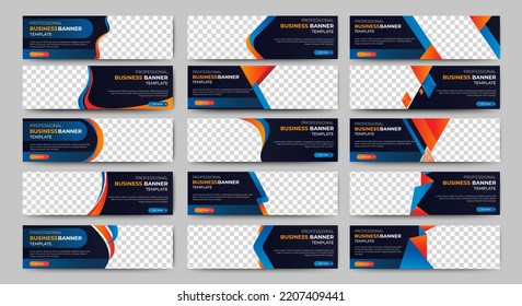Gran conjunto de plantillas horizontales de banner de negocios azules. Diseño tecnológico moderno, diseño de fondo abstracto con fotos. Banner corporativo editable de colección de vectores.