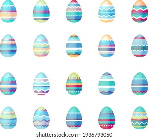 Big set with blue painted eggs. Festive Easter elements can be used for spring illustrations.