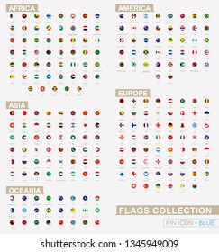 Big set of blue pin icon with flags of Africa, Asia, Oceania, America and Europe sorted alphabetically.