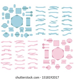 Big set of blue and pink ribbons. Ribbon or banner vector set. Flat vector ribbons banners isolated background. Set ribbons or banners. Vector illustration