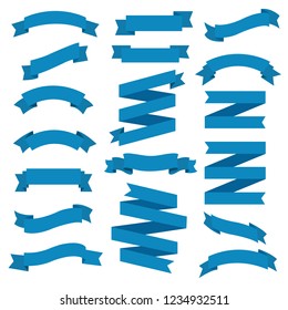 Big Set Blue Ribbons, Vector Illustration