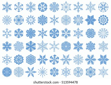 Big set of blue snowflake silhouettes isolated on white background. Winter, New Year, Christmas festive symbols for your design. Large collection of modern icons. Vector illustration