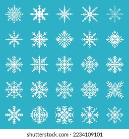 Große Menge blauer Schneeflocken unterschiedlicher geometrischer Formen.