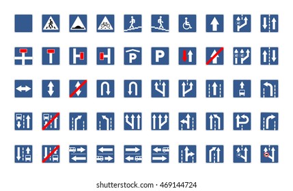 Big set of blue square road signs isolated on white