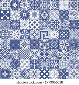Big set of blue and white tiles background in portuguese style. Mosaic pattern for ceramic in dutch, portuguese, spanish, italian style.