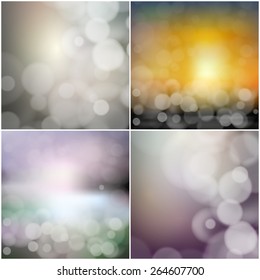 Big set of blurry backgrounds with bokeh effect. Abstract vector illustration.