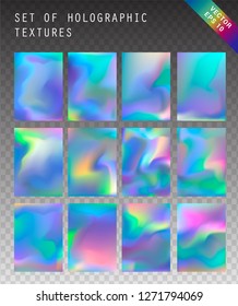 Big set of blurry pastel holographic vector backgrounds. Iridescent shiny colors, blue, yellow, green, purple, pink. 