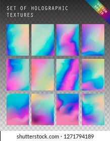 Big set of blurry pastel holographic vector backgrounds. Iridescent shiny colors, blue, yellow, green, purple, pink. 