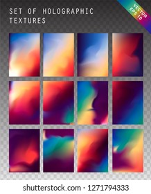 Big set of blurry pastel holographic vector backgrounds. Iridescent shiny colors, blue, yellow, green, purple, pink. 