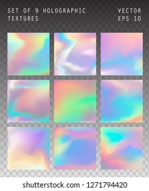 Big set of blurry pastel holographic vector backgrounds. Iridescent shiny colors, blue, yellow, green, purple, pink. 