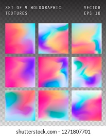 Big set of blurry pastel holographic vector backgrounds. Iridescent shiny colors, blue, yellow, green, purple, pink. 