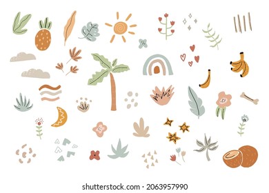 Big set of boho design elements Isolated on white background. Leaves, Flowers, fruits, rainbow, clouds, stars, palm, banana, coconut. Boho trendy vector illustration, hand drawn texture.