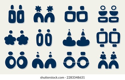 Big set of boho style earrings. Collection of jewelry. Modern vector illustration. Trendy hand drawn. Earrings templates of various shapes.