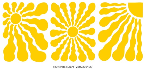 Gran conjunto de fondo de sol boho amarillo retro groovy. Abstractas patrón de rayos de onda en estilo de moda de los años 70. Divertido Vector hippie gráfico. Plantilla Fondo de pantalla de verano. Fondo vintage psicodélico del sol estupendo