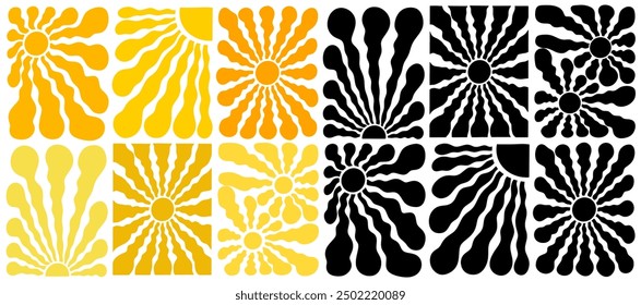 Big set of Boho yellow retro groovy sun background. Abstract wave ray pattern in trendy 70s style. Graphic fun hippie vector. Template summer wallpaper. Groovy sun psychedelic vintage background.