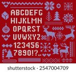 Big set bold alphabet with numbers on knit red texture. Knitted font on sweater print. Seamless pattern with zigzag, holidays element. Christmas font and numbers Vector knitted illustration.