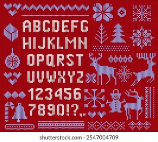 Big set bold alphabet with numbers on knit red texture. Knitted font on sweater print. Seamless pattern with zigzag, holidays element. Christmas font and numbers Vector knitted illustration.