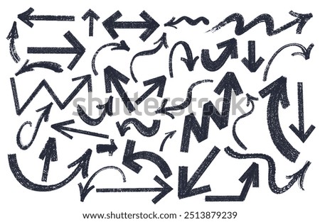 Big set of bold and thin arrows brush, marker drawn. Hand drawn black doodle thick arrows in different directions.  Collection of brush drawn arrows of different sizes. Template arrows element vector.