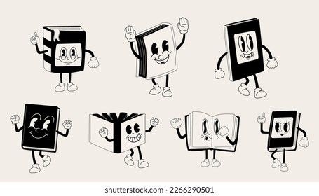 Big set of Books 30s cartoon mascot character 40s, 50s, 60s old animation style in black and white color	