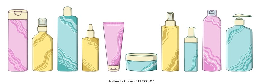 Big set: Bottles, shampoos, gels and creams for care. The concept of natural and organic cosmetics for hair and body care. Vector flat illustration in cartoon style.