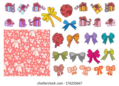 Big set of boxes and bows + seamless pattern