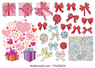 Big set of boxes and bows + seamless pattern