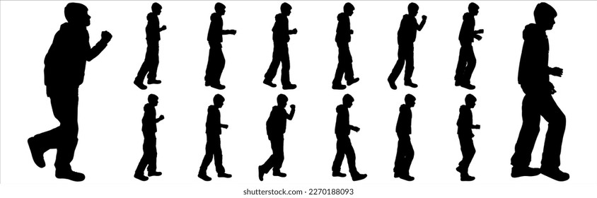 Big set of boy silhouettes standing, walking, isolated on white. Boys in different poses and with different gestures. Boy silhouette, side view. Teenagers go one by one. To animate the steps of a teen