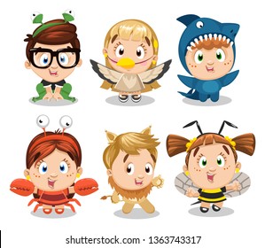 Big set of boys and girls dressed like bee, lion, frog, crab, bird, crawfish, shark. Kid`s entertainment, carnival, costume party, drama, theatre school. Wildlife world. Cartoon isolated on white