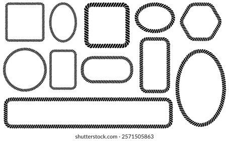Big set of braided rope frames. Collection of borders in the shape of square, circle and hexagon.